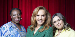 From left,Asabi Goodman,Rhonda Burchmore and Carmel Rodrigues embrace the powerhouse women of Hairspray.