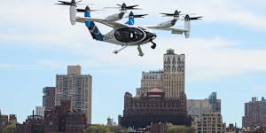 A Joby electric air taxi approaching the Downtown Skyport in New York last month.