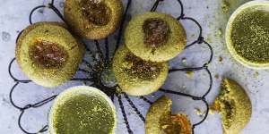 Matcha marmalade thumbprint biscuits aka jam drops.