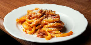Pasta is done with care and depth;notably this Roman bucatini all'amatriciana.