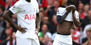 A distraught Yves Bissouma after Spurs concede a fourth goal at Anfield.