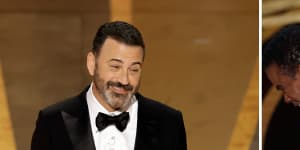 Jimmy Kimmel jokes about the slap at the 2023 ceremony.