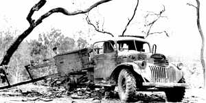 An incinerated truck at the scene of the Liberator inferno.