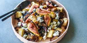 Slow-roasted onions,toasted sourdough,fresh figs and goat's cheese intermingle in this sweet and shiny salad.