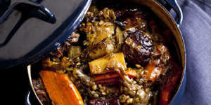 Karen Martini's braised lamb stew with barley and vegetables.