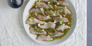 Kingfish crudo dressed with ginger,citrus,chilli and coriander oil.