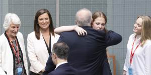 Scott Morrison with mother Marion,wife Jenny and daughters Lily and Abbey after his valedictory speech at Parliament House on Tuesday.