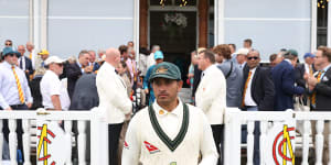 Usman Khawaja outside the Lord’s pavilion after the second Ashes Test.