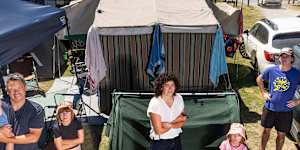 Wilsons Prom loyal campers Matt Vigus with baby Augustus,Beatrix Vigus,Molly Hodgson,Violet Vigus and Cullen Smith. 