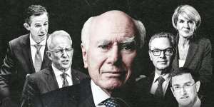 John Howard (centre) understood the need for a Liberal “broad church”. Departing,departed and sidelined liberals of the party:Simon Birmingham and Paul Fletcher (left);Julie Bishop,Christopher Pyne and Julian Leeser.