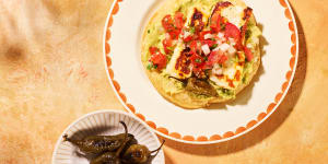 Vegetarian tostadas topped with haloumi and blistered jalapenos (bottom left).