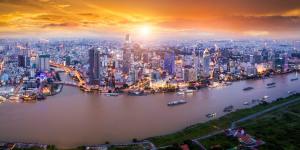 Ho Chi Minh City and the Mekong River at sunset.