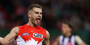 Swan for life:Tom Papley always enjoys celebrating a goal.