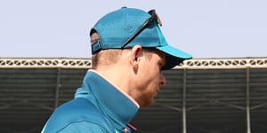 Steve Smith checks the pitch during a training session at Vidarbha Cricket Association Ground in Nagpur,India. 