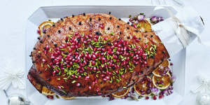 Pomegranate and pistachio glazed ham.