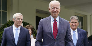Stifling progress:US President Joe Biden (centre) with Joe Manchin (right). Manchin has long trodden a more conservative path than his Democratic peers,however patience is wearing thin even within the coal union.