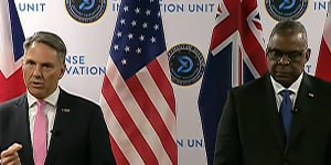 Defence Minister Richard Marles and US Defence Secretary Lloyd Austin were joined by British Defence Secretary Grant Shapps to announce new exercises and technology sharing. 