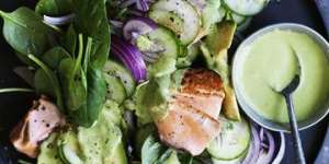 Salmon salad with green tahini dressing.