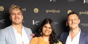 Raja’s Kirk (left) and Nick Mathews-Bowden with chef Ahana Dutt (centre),pictured at the Good Food Guide awards.