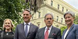 New Zealand Defence Minister Judith Collins,Australia Defence Minister Richard Marles,New Zealand Foreign Minister Winston Peters and Australia Foreign Minister Penny Wong at Treasury Gardens,Melbourne.