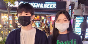 Students Park Jue-hui,18,with her boyfriend Yoo Jae-won,also 18 in Hongdae on Tuesday. 