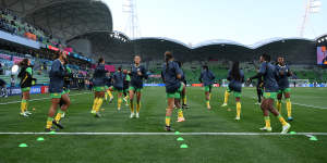 Jamaica warm up prior to their round of 16 match against Colombia at AAMI stadium,or the rectangular stadium,on August 8.