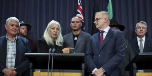 Anthony Albanese with leading Indigenous figures including Marcia Langton in parliament in March.