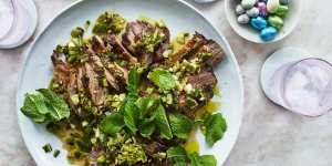 -Barbecued lamb leg with charred onion and mint salsa