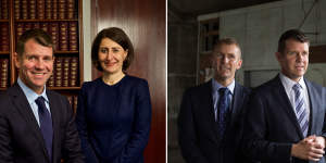 From left:Baird with his then treasurer – and successor – Gladys Berejiklian;with his then planning minister,Rob Stokes.
