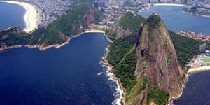 Aerial view showing the beach of Copacabana (L) and the Sugar Loaf hill in Rio de Janeiro,Brazil