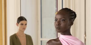 Australian model Ajok Madel walks in the Valentino haute couture,spring/summer 2022 show in Paris.