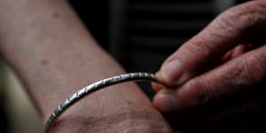A bangle passed down to Tessa Newton from her mother. Each notch on the bangle represents a day in a life raft after her ship was torpedoed in World War Two.