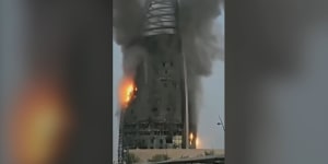 The Greater Nile Petroleum Oil Company Tower in the centre of Khartoum,Sudan,on fire on September 19.