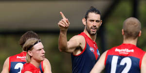 Brodie Grundy celebrates a goal durng the Demons’ practice match against Richmond. 