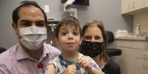 Vaccines will be available to children as young as three-year-old Hudson,seen here with his parents Barry and Ilena Diener at a vaccine trial in New York last November. 