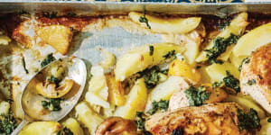 Chicken and potato traybake with lemon and garlic dressing.