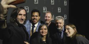 From left,authors Paul Lynch,Jonathan Escoffery,Chetna Maroo,Paul Murray,Paul Harding and Sarah Bernstein take a selfie during a photo call for the Booker Prize 2023 in London.