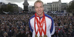 British gold medal winner cyclist Chris Hoy poses in Trafalgar Square in London,on Oct. 16,2008. Six-time Olympic champion Chris Hoy says he has been diagnosed with cancer and that he felt “forced” to reveal the news. (Steve Parsons/PA via AP)