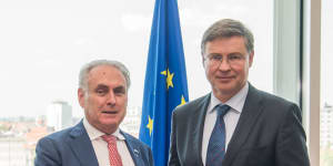 Trade Minister Don Farrell (left) with European Commissioner for Trade Valdis Dombrovskis in Brussels last month.