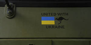 A kangaroo mascot alongside the Ukrainian flag on the carrier. 