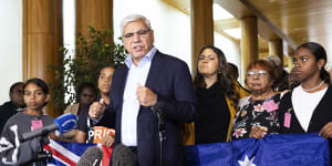 Warren Mundine with Senator Jacinta Nampijinpa Price and other opponents of the government’s Voice proposal at Parliament House.