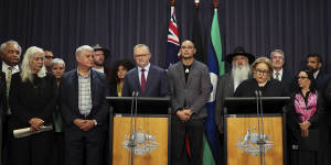 Mayo next to Prime Minister Anthony Albanese when the wording of the constititonal amendment was announced.