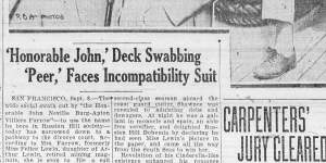 A report with the headline “Divoce looms for Cinderella Boy” about two different sides of John Farrow in The Oakland Tribune in 1927.