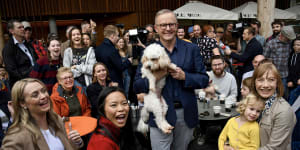 Transport Minister Jo Haylen (right) with Kieren Ash,who is sitting with a dog,and Prime Minister Anthony Albanese the morning after the federal election last year.