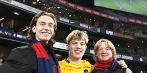 Every heart beats true:Demons supporters bookend a Matildas fan on a historic day at the MCG.