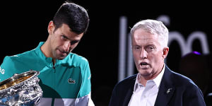 Novak Djokovic with Tennis Australia boss Craig Tiley at the Norman Brookes Challenge Cup in February.