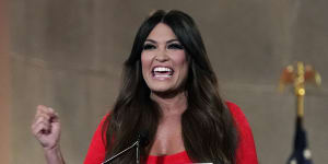 Kimberly Guilfoyle speaks as she tapes her speech for the first day of the Republican National Convention from the Andrew W. Mellon Auditorium in Washington.