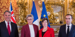 Announcing new cooperation:From left,Defence Minister Richard Marles and Foreign Minister Penny Wong with French Foreign Affairs Minister Catherine Colonna and French Defence Minister Sebastien Lecornu in Paris.