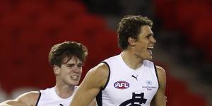 Charlie Curnow is all smiles after booting a goal for the Blues.