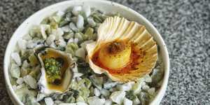 Rock oyster with green chilli relish and grilled scallop inasal.